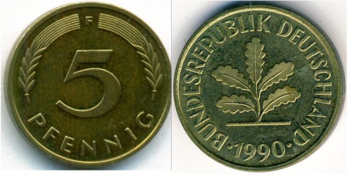 5 пфеннигов 1990 «F» Германия