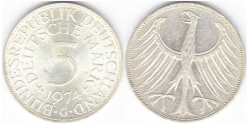 5 марок 1974 «G» Германия — серебро