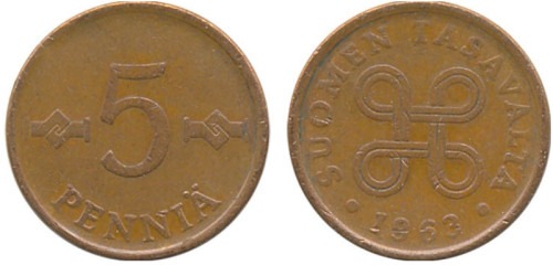 5 пенни 1963 Финляндия (медь)
