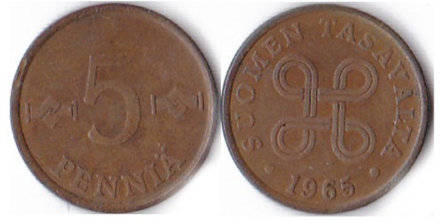 5 пенни 1965 Финляндия (медь)