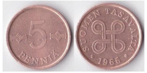 5 пенни 1966 Финляндия (медь)