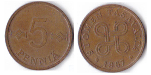 5 пенни 1967 Финляндия (медь)