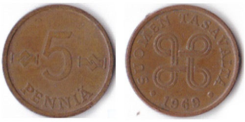 5 пенни 1969 Финляндия (медь)