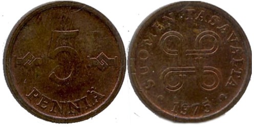 5 пенни 1975 Финляндия (медь)
