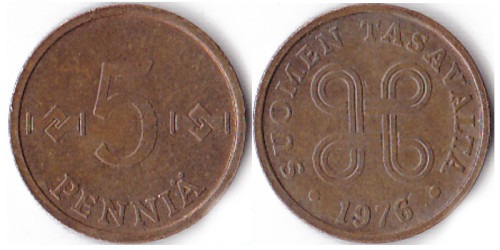 5 пенни 1976 Финляндия (медь)