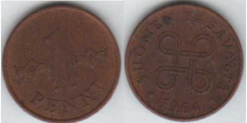 1 пенни 1964 Финляндия (медь)