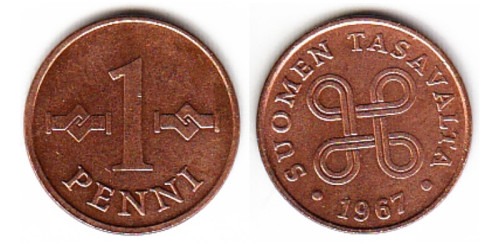 1 пенни 1967 Финляндия (медь)