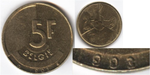 5 франков 1993 Бельгия (VL) — Дефект при чеканке