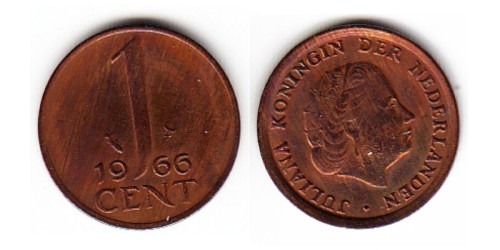 1 цент 1966 Нидерланды — маленькие цифры