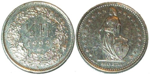 1/2 франка 1992 Швейцария