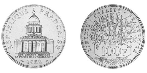 100 франков 1982 Франция — Здание Пантеона — серебро