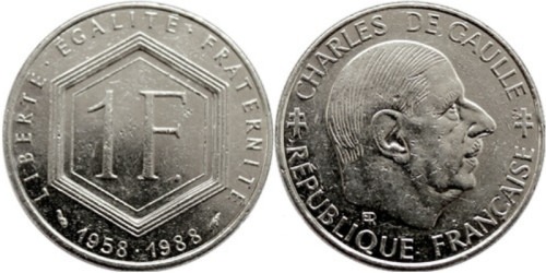 1 франк 1988 Франция — 30 лет Пятой Республике