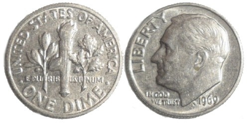10 центов 1969 США — редкая