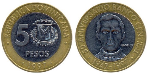 5 песо 1997 Доминикана — 50 лет Центробанку