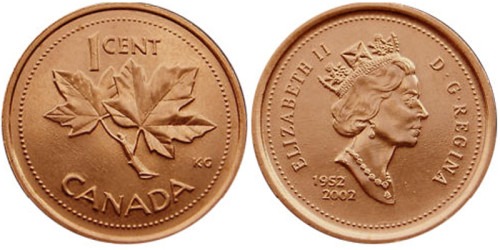 1 цент 2002 Канада — Золотой юбилей Елизаветы II 1952 — 2002