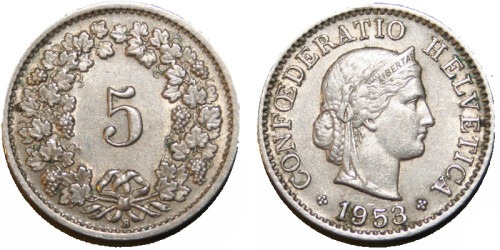 5 раппен 1953 Швейцария