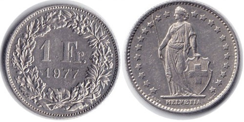 1 франк 1977 Швейцария — редкая