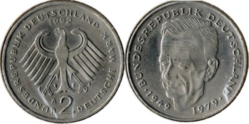 2 марки 1992 «А» Германия — Курт Шумахер, 30 лет Федеративной Республике (1949-1979)