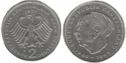 2 марки 1977 «F» ФРГ — Теодор Хойс, 20 лет Федеративной Республике (1949-1969)