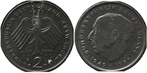 2 марки 1973 «G» ФРГ — Теодор Хойс, 20 лет Федеративной Республике (1949-1969)