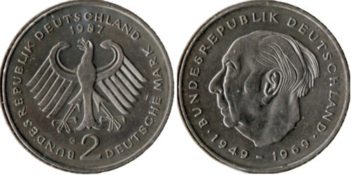 2 марки 1987 «G» ФРГ — Теодор Хойс, 20 лет Федеративной Республике (1949-1969)