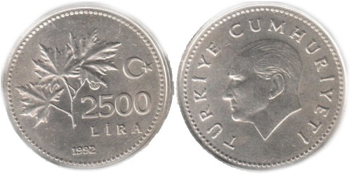 2500 лир 1992 Турция