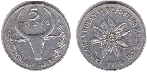 5 франков 1986 Мадагаскар — Пуансеттия прекраснейшая или молочай прекраснейший