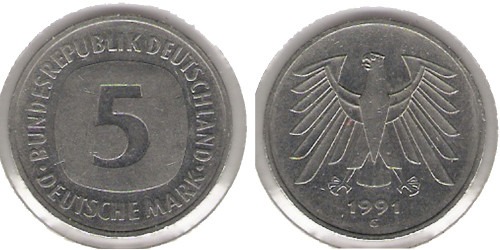 5 марок 1991 «G» Германия