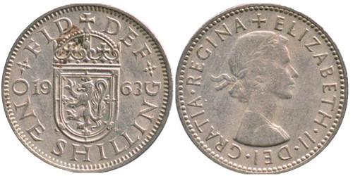 1 шиллинг 1963 Великобритания — Шотландский герб — атакующий лев внутри коронованного щита