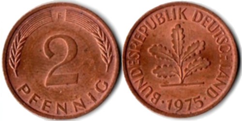 2 пфеннига 1975 «F» ФРГ