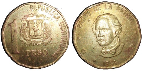 1 песо 1991 Доминикана — надпись на бюсте