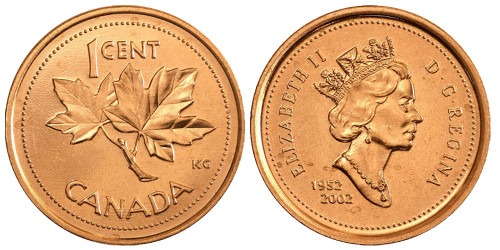 1 цент 2002 Канада — 50 лет правления Королевы Елизаветы II — Не магнетик