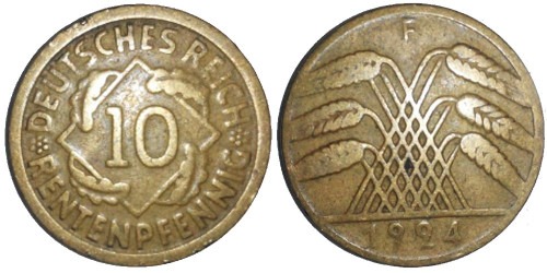10 рейхспфеннигов 1924 «F» Германия
