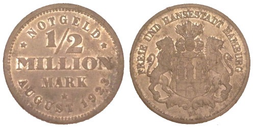 1/2 миллиона марок август 1923 нотгельд Веймарская Республика — Гамбург J