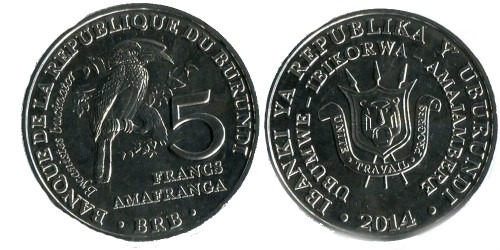 5 франков 2014 Бурунди — Bycanistes bucinator — Калао-трубач