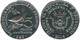 5 франков 2014 Бурунди — Sarothrura elegans — Пёстрый пушистый погоныш