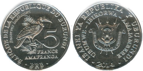5 франков 2014 Бурунди — Bucorvus leadbeateri — Кафрский рогатый ворон
