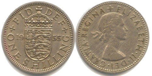 1 шиллинг 1955 Великобритания — Английский герб — 3 льва внутри коронованного щита