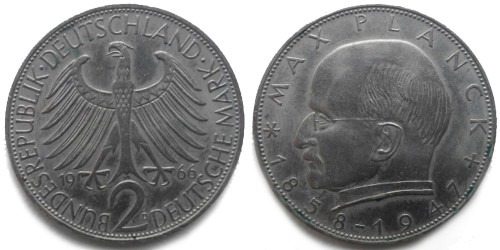 2 марки 1966 «D» Германия — Макс Планк, 89 лет Федеративной Республике (1858-1947)