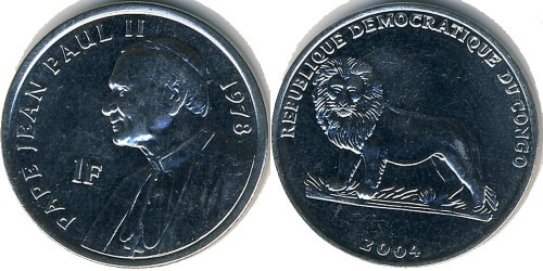 1 франк 2004 Конго — 25-я годовщина правление Иоанна Павла II — Папа Иоанн Павел II