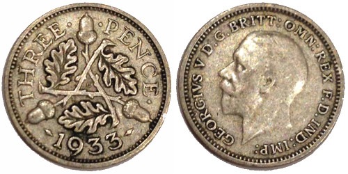 3 пенса 1933 Великобритания — серебро
