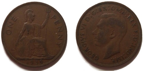 1 пенни 1939 Великобритания