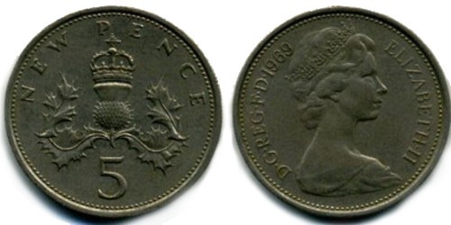 5 новых пенсов 1969 Великобритания