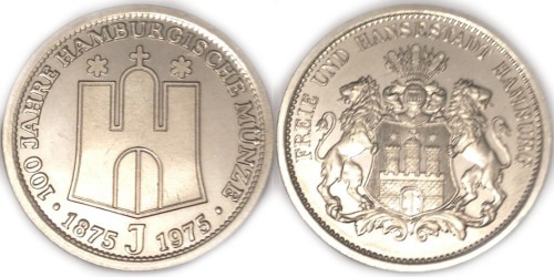 Медаль 100 лет монетному двору Гамбурга — 100 Jahre Hamburgische Münze 1875 J 1975