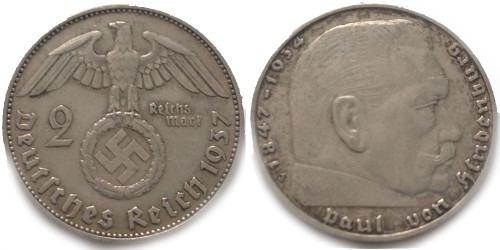 2 рейхсмарки 1937 «J» Германия — серебро