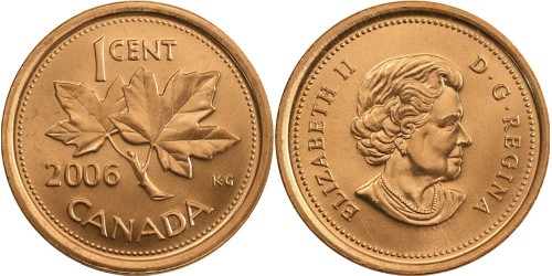 1 цент 2006 Канада — цинк — не магнетик