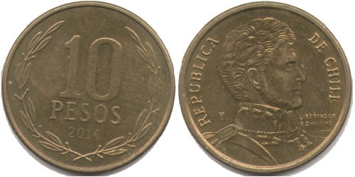 10 песо 2014 Чили — Отметка монетного двора: «Посох Меркурия» — Утрехт, Нидерланды