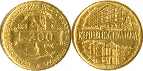 200 лир 1996 Италия — 100 лет Академии таможенной службы