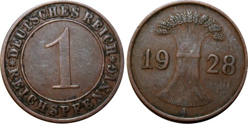 1 рейхспфенниг 1928 «A» Германия