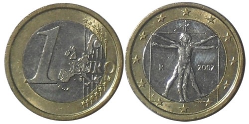 1 евро 2007 Италия — Рисунок Леонардо да Винчи «Витрувианский человек» (Homo vitruviano)